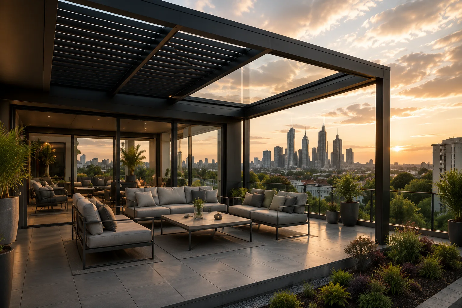Terrassenüberdachung mit Skyline als Gestaltungsbeispiel